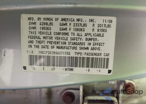 2009 Honda Accord Lx z USA, uszkodzony, nr VIN 1HGCP26399A071552